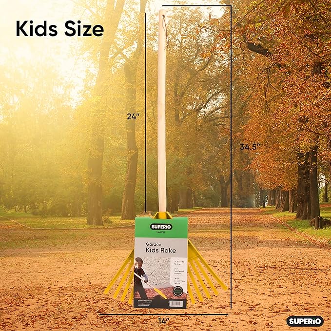 Pack of 3 Kids Rake with Hardwood Handle, Durable Plastic Head to Sweep Leaves in Lawn and Tidying Up The Garden, 34" (Yellow)