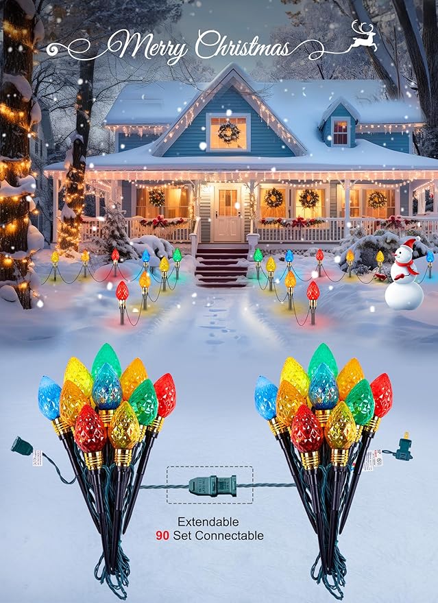 Brightown 4 Pack Strawberry C9 Christmas Pathway Lights Outdoor - Total 69.6 Feet 40 LED Christmas Walkway Lights,Colored Bulb Christmas Lights Outdoor Decorations for Lawn Holiday Outside, Multicolor