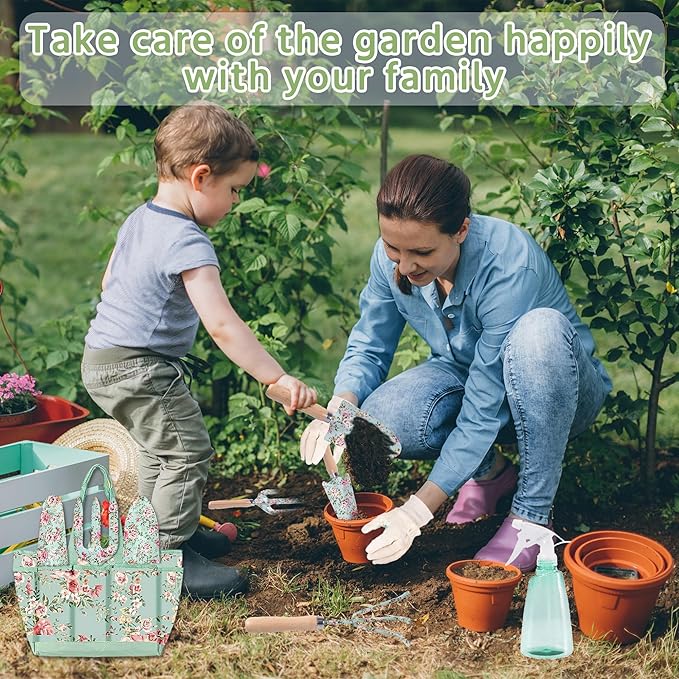 WNJ Gardening Tool Set, 10 PCS Heavy Duty Floral Pattern Garden Tools Set Kit, Complete Gardening Tool Bag Set, with Non-Slip Rubber Handle, Best Gardening Gifts for Women