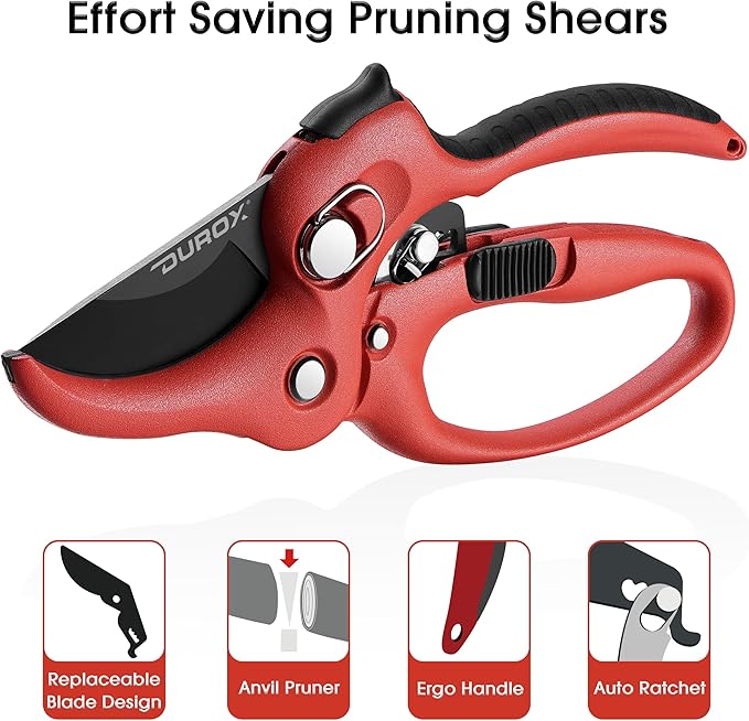 DURXO - Ratchet Pruning Shears, Garden Shears with 3x Cutting Power. Effort-Saving Heavy-Duty Anvil Pruners. Replaceable Blade Cutting Blade Design. Ideal Secateurs for Precise Trimming, Model DGR-01