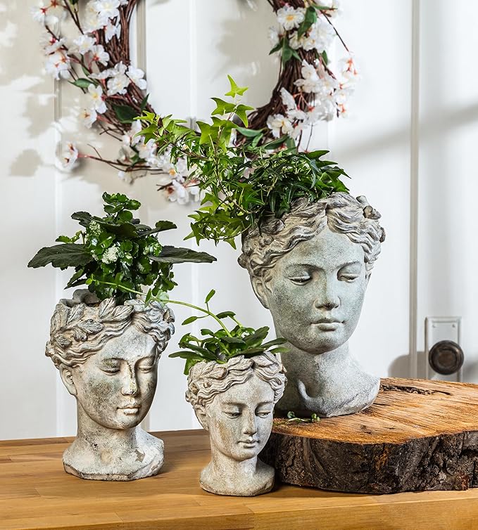 Abbott Collection Goddess Head Planter - Small Cement Indoor and Outdoor Planter Pot - Grecian Woman Statue Head Planter for Flowers and Succulents (Grey, 3.5" Opening)