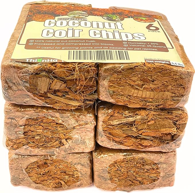 Coconut Chips 6 Pack - Coco Husk Chips for Plants & Reptiles, Coconut Husk Substrate for Gardening, Snake Bedding, Tortoise Habitat, Leopard Gecko Substrate, Reptile Bedding, and Reptisoil Alternative