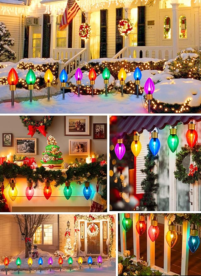 Moonflor 4 Pack Jumbo C9 Christmas Pathway Lights Outdoor - Total 34FT 20 LED C9 Christmas Walkway Lights, Multicolor Christmas Decoration Outside, Giant Christmas Lights Outdoor for Lawn Holiday Yard