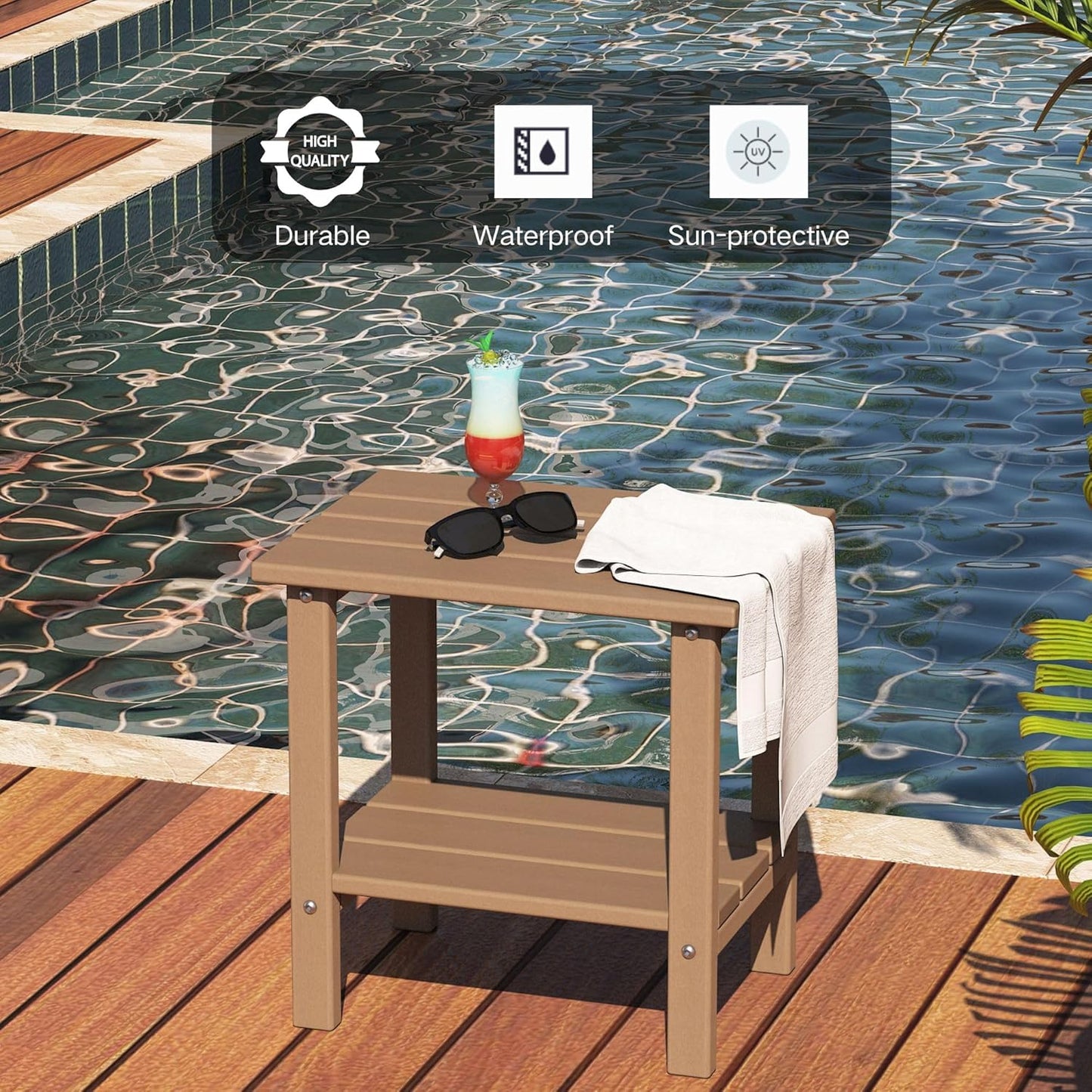 Outdoor Side Table, 2-Tier Adirondack Storage Patio Side Table, Weather Resistant Patio End Table for Backyard & Pool, Durable HDPE Small Outdoor Table, Brown