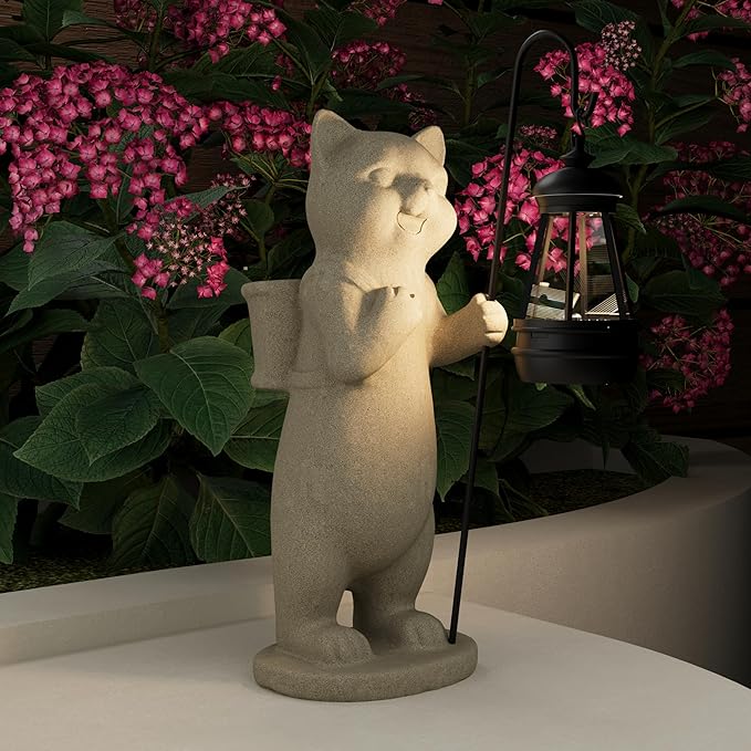 Solar Powered Garden Resin Statue Lights, 10 Inch Waterproof Outdoor Animal Cute Cat Figurine Lights, Suitable for Patios, Balconies, Lawns, Courtyards, Etc.(Basket)