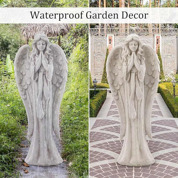 TOETOL Outdoor Garden Statues Praying Angel Statue 31.1" Grave Decorations Magnesium Oxide Stone Grey Yard Patio Deck Home Entryway Hallway Sculpture