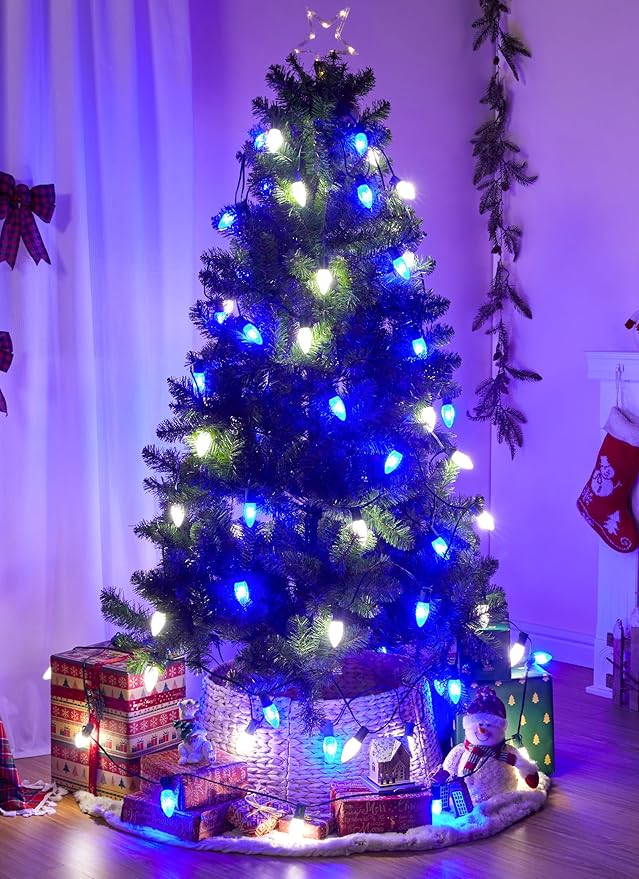 C9 LED Christmas Lights Outdoor with stakes, 25.7ft 20 LED Strawberry String Lights, Connectable Shatterproof Pathway Lights Marker for Path, Lane, Patio, Xmas Holiday Decorations, Blue and White