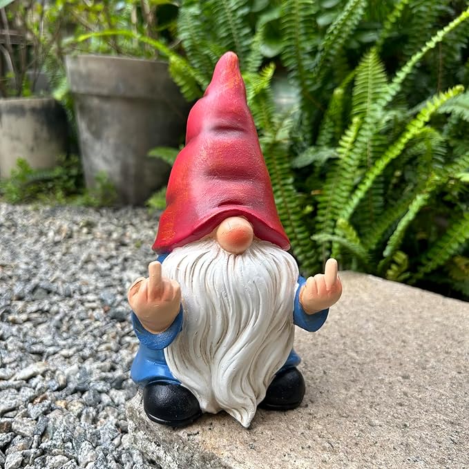 Middle Finger Gnome Statue 7.8in， Naughty Garden Gnome Statue Decoration and Lawn Ornament - Funny Garden Gnomes for Outdoor or Home Decor, Red, WSH004