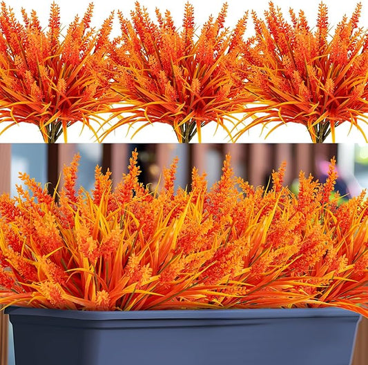 Artificial Fall Flowers for Outdoor Plants 24 Bundles Fake Lavender Plastic Faux Monkey Grass for Verandah Window Garden Office Patio Front Porch UV Resistant for Planter(Autumn Red)