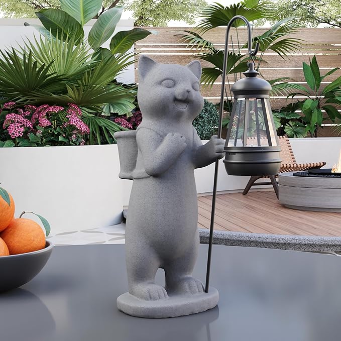 Solar Powered Garden Resin Statue Lights, 10 Inch Waterproof Outdoor Animal Cute Cat Figurine Lights, Suitable for Patios, Balconies, Lawns, Courtyards, Etc. (Basket)