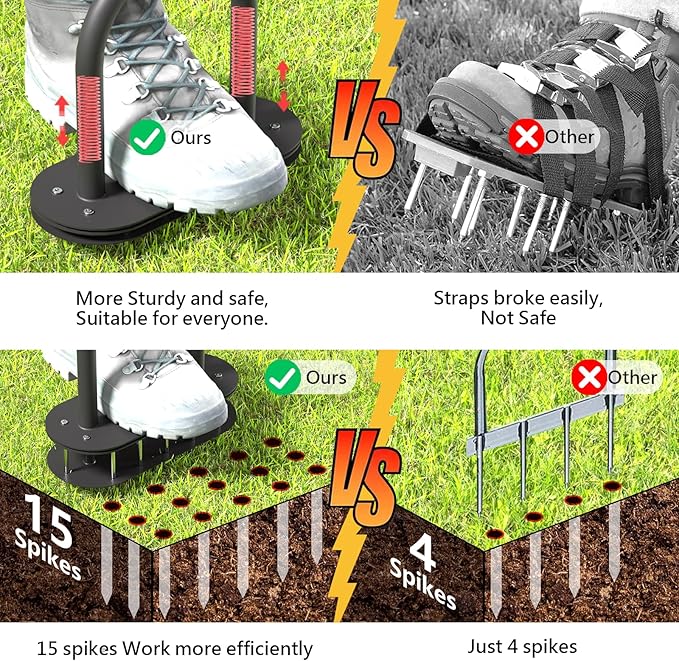 Lawn Aerator Spike Metal Automatic Dethatching Soil Aerating Lawn with 15 Iron Spikes, Pre-Assembled Grass Aerator Tools for Yard, Lawn Aeration, Garden Tool, Revives Lawn Health, Black