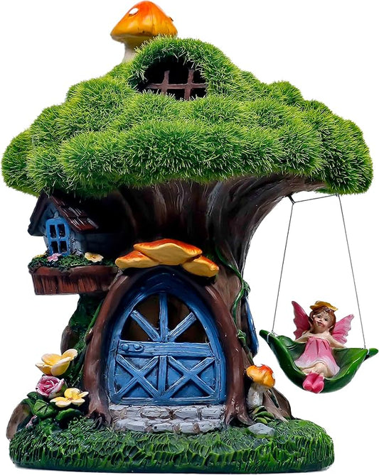 TERESA'S COLLECTIONS Fairy House Outdoor Statues with Solar Light for Garden Decor, Green Moss Resin Outdoor Cottage with Swinging Fairy, Lawn Ornaments Yard Decor Gifts for Mom Women, 8"