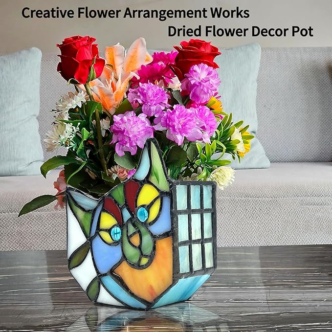 Tiffany Style Cute Cat Face Design Small Flower Pot, Unique Stained Glass Cat Planter, Tiltable Cat Decorative Flower Pot, Fun Peek-A-Boo Terrarium Decoration, Gift for Plant Women