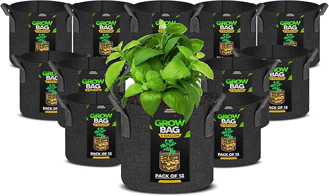 Utopia Home 12 Pack 5 Gallon Grow Bags, 300G Thickened Nonwoven Plant Fabric Pots for Outdoor, Grow Pots, Garden Plant Bags, Aeration Fabric Planters for Fruits, Vegetables and Flowers