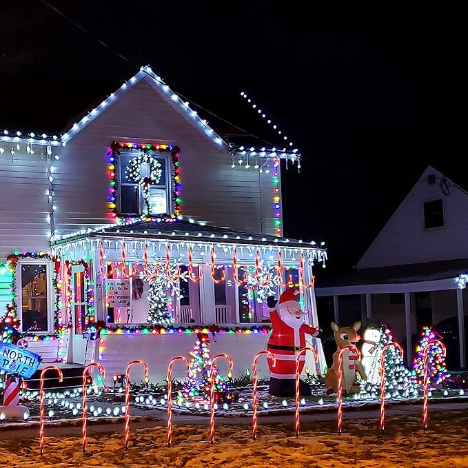 26" Candy Cane Lights Christmas Decorations - 10 Pack Pathway Markers Outdoor Yard Decorations, Red Christmas Candy Cane Lights for Walkway, Xmas Outside/Indoor Ornaments, 100 Lights Bulbs