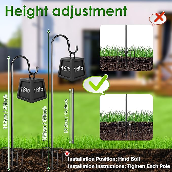 XDW-GIFTS Bird Feeder Pole for Outdoor, 60 Inch Shepherds Hooks Heavy Duty Garden Pole for Hanging Plant Basket, Solar Light Lanterns, Garden Plant Hanger Stands with 5 Base Prongs
