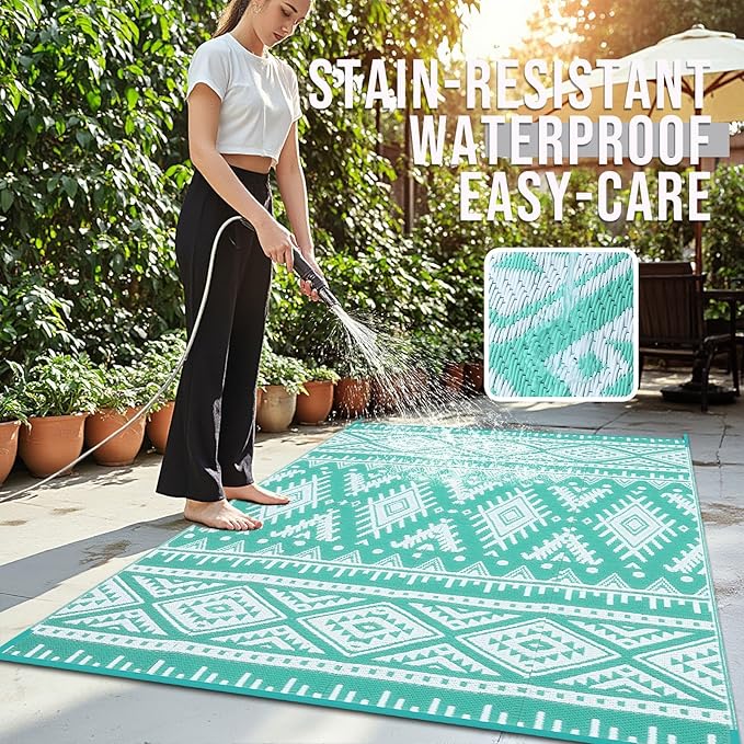 OLANLY Outdoor Rug Waterproof 9x12 ft, Reversible Outdoor Plastic Straw Rug, Boho Patio Rug, Indoor Outdoor Carpet, RV Mat Outside for Patio, Camp, Picnic, Balcony, Deck, Backyard, Turquoise & White