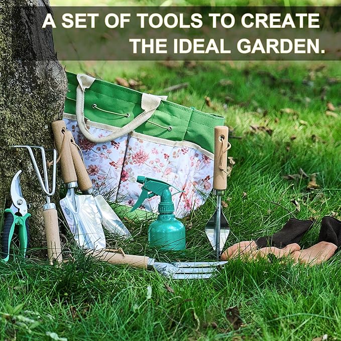 Gardening Tools of 9 Pieces | Stainless Steel Heavy-Duty Gardening Hand Tools with a Delicate and Durable Storage Bag and Anti-Slip Rubber Gloves | Garden Tools Make Ideal Gardening Gifts for Women