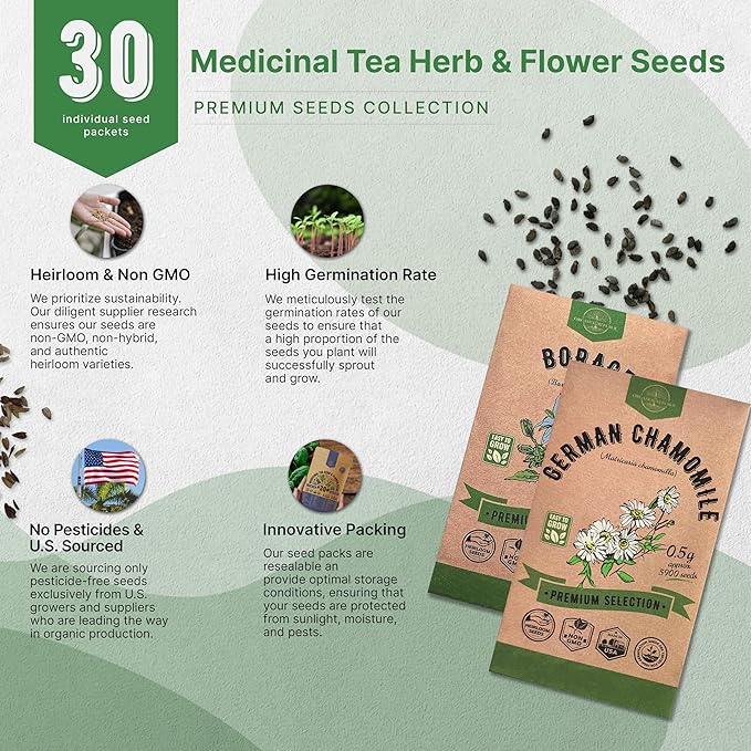 30 Medicinal Tea Herb & Flower Seeds Variety Pack - 13600+ Non-GMO Heirloom Flower Seeds for Outdoor and Indoor Home Gardening, Including Bergamot, Dill, Catnip, Calendula, Dandelion, Lovage, Zinnia