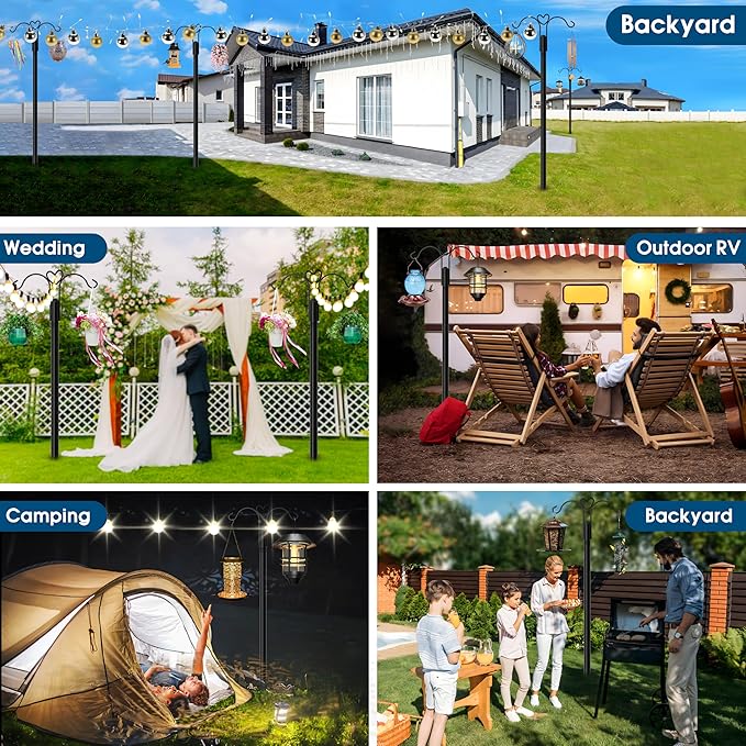 Ottsuls Bird Feeder Pole, 2 Pack 60 INCH Double Shepherds Hooks for Outdoor, with 5 Base Prongs Heavy Duty Tall Garden Planter Hooks for Hanging Flower Basket, Lantern, Hummingbird Feeder