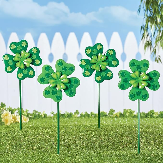 Collections Etc Set of 4 Shamrock Spinner Outdoor Garden Stakes