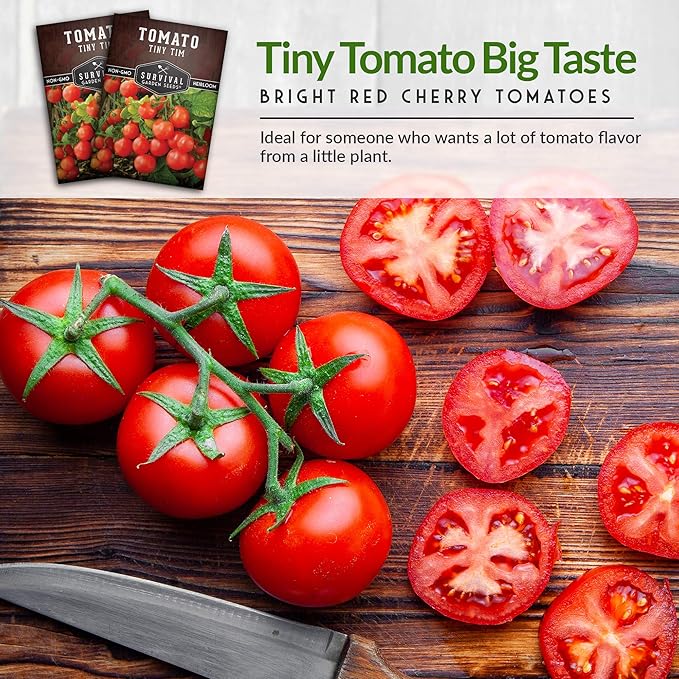Survival Garden Seeds - Tiny Tim Tomato Seeds for Planting - 3 Packs with Instructions to Grow in Your Home Vegetable Garden - Non-GMO Heirloom Variety