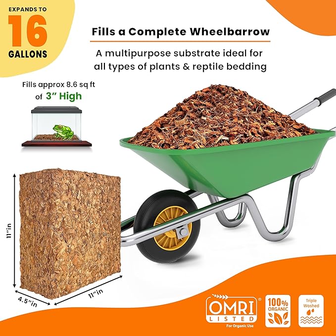 Gro-Med Coco Husk Chips Block 10lb Expands Upto 16 Gallons Coconut Chip Substrate, Coco Coir Husk Mulch for Gardening, Indoor, Outdoor Plants Orchid Bark Alternative - OMRI Listed, Low ECB alanced pH