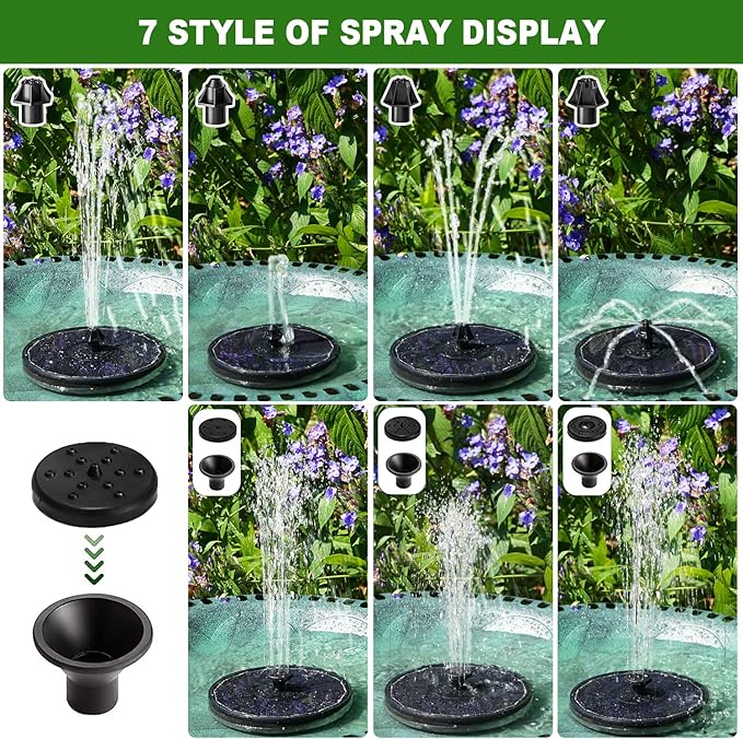 Solar Fountain with 2000 mAh Battery Backup Works in Cloudy, Glass Solar Powered Bird Bath Fountains with 7 Nozzles, 3.5 W Solar Fountain Pump for Birdbath,Garden, Outdoor, Pond (Black)