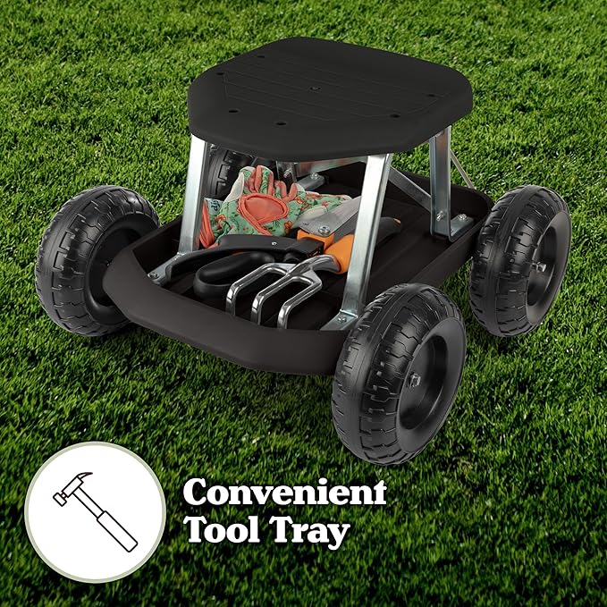 Pure Garden Gardening Stool - Rolling Garden Seat with Wheels and Storage Tool Tray - Garden Cart Scooter - Yard Tools (Black)