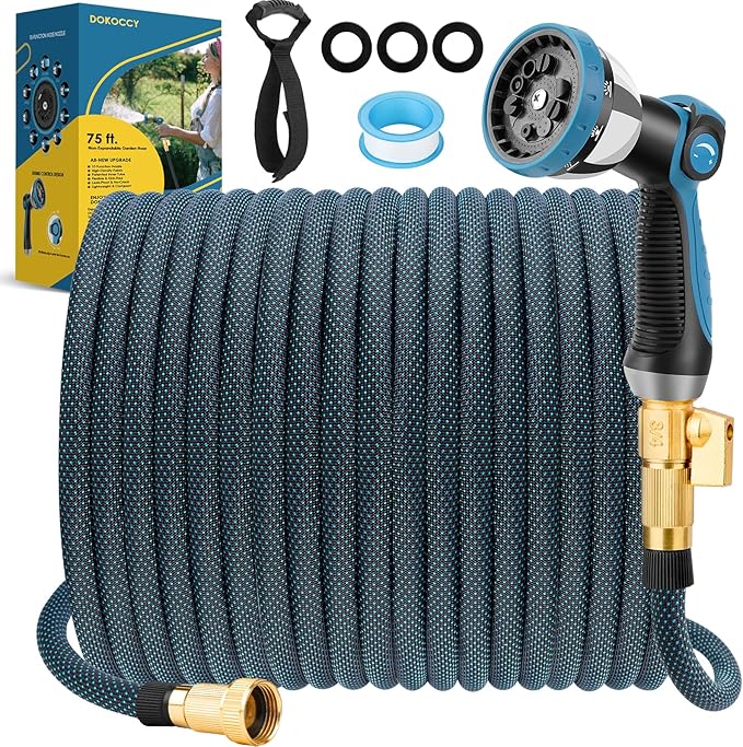 Non-Expanding Garden Hose 75 ft, Flexible Kink Free Water Hose with 10 Watering Spray Nozzle, Lightweight Hose Pipe, Leak-Proof, Durable, 3/4" Brass Alloy Connector, Portable Storage Strap