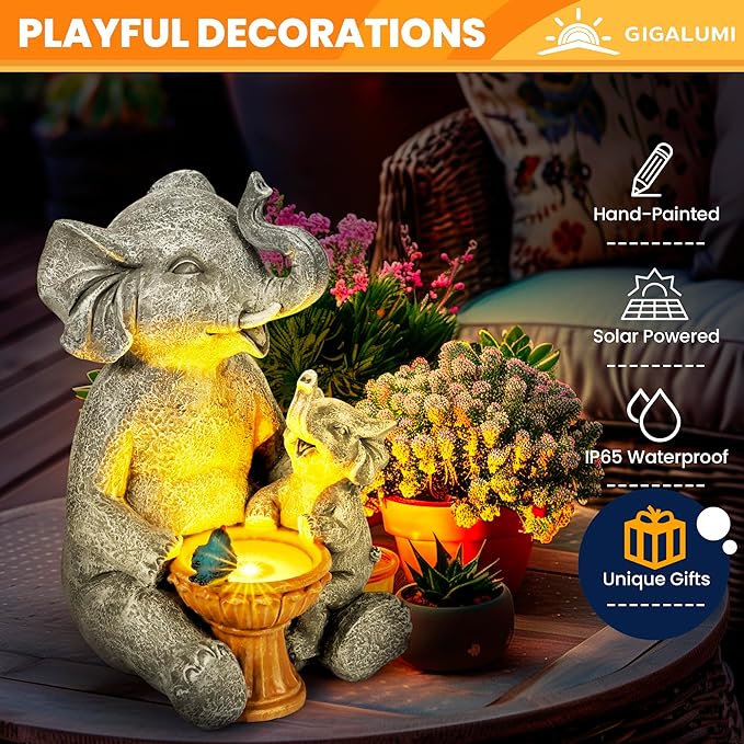 GIGALUMI Solar Garden Decor Bird Bath Elephant Statues Outdoor, Birthday Gifts for Women, Gifts for Mom Grandma Senior Elder, Elephant Ornament for Balcony, Garden, Patio, Yard, Lawn