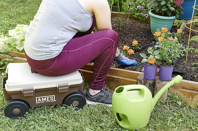 AMES 20213200 Rolling Lawn & Garden Storage Cart for Storing Tools & Cleaning Supplies, Lid Doubles as Seat, 225 lb. Weight Capacity