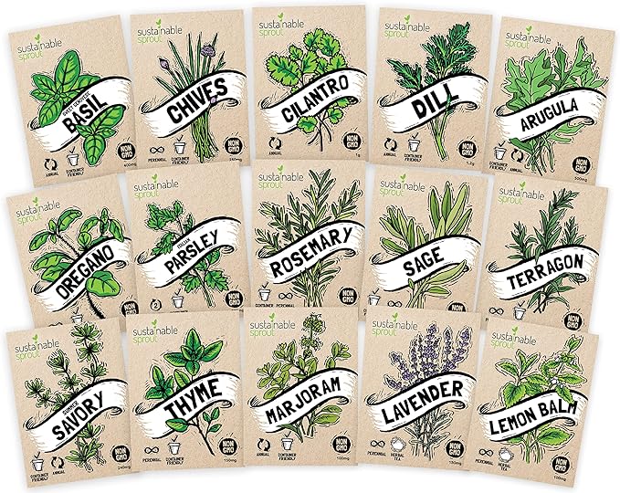 Culinary Herb Seeds Variety Pack: 15 Heirloom Garden Seeds Basil Cilantro Parsley Chives Thyme Oregano Dill Rosemary Arugula Tarragon Lavender Lemon Balm Marjoram Rosemary & Sage by Sustainable Sprout