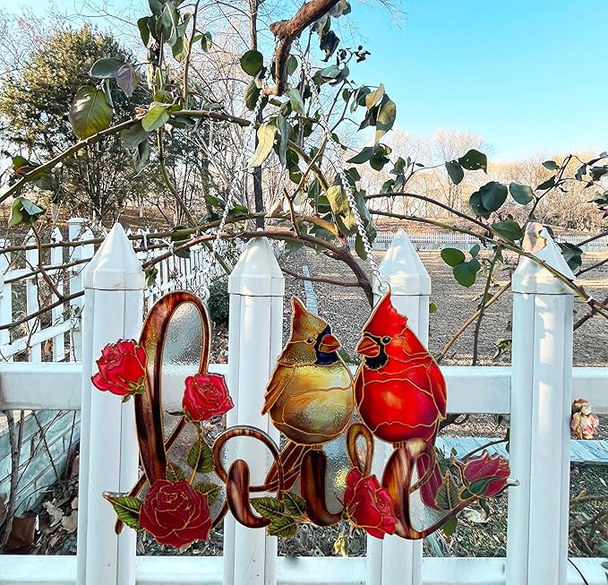 Love with Red Cardinal Suncatcher Red Bird Stained Glass Suncatchers Window Hanging Ornament for Home Decor for Valentine's Day Mother's Day Women Mom Birds Lovers Friends (Love)