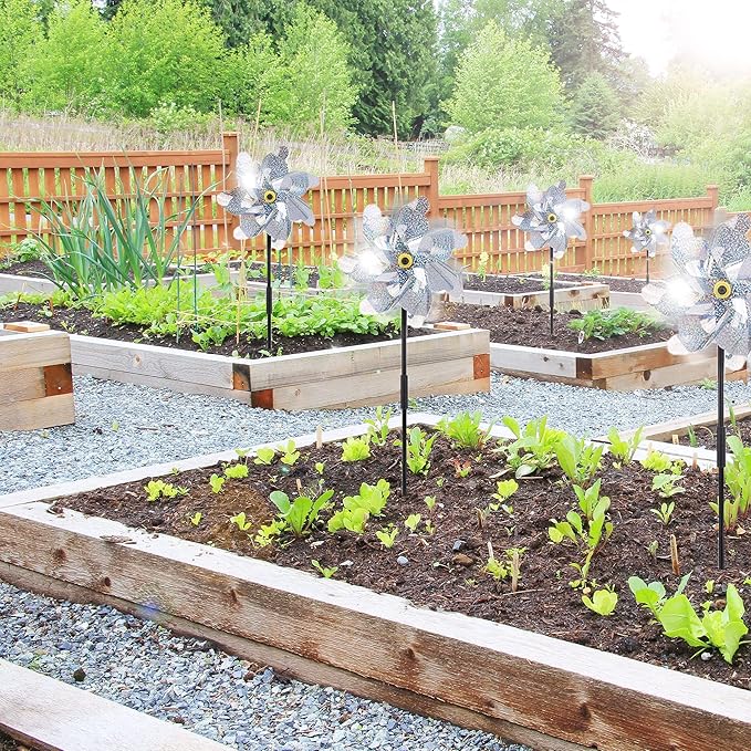 BATTIFE 10 Pack Reflective Pinwheels for Yard and Garden, Pre-Installed Sparkly Silver Blind Birds Pin Wheel, Scare Birds & Animal Away Wind Spinner