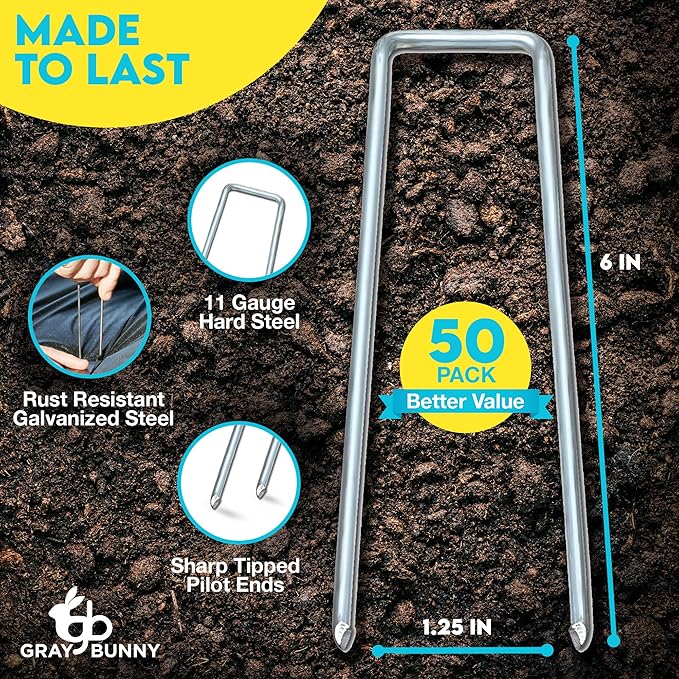 Gray Bunny 6 Inch 50 Pack U-Shaped Garden Stakes, 11 Gauge Galvanized Landscape Staples, Rustproof Garden Staples for Landscaping Securing Weed Barrier Fabric, Irrigation Tubing, Tarpaulin and More