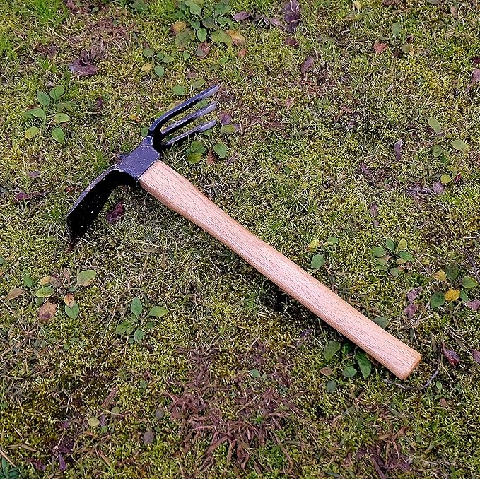 KAKURI Hoe Cultivator Combo Hand Tiller 14-3/4" Heavy Duty Hand Forged Japanese Steel Blade, Japanese Gardening Tool for Digging, Raking, Cultivating, Weeding, Made in Japan