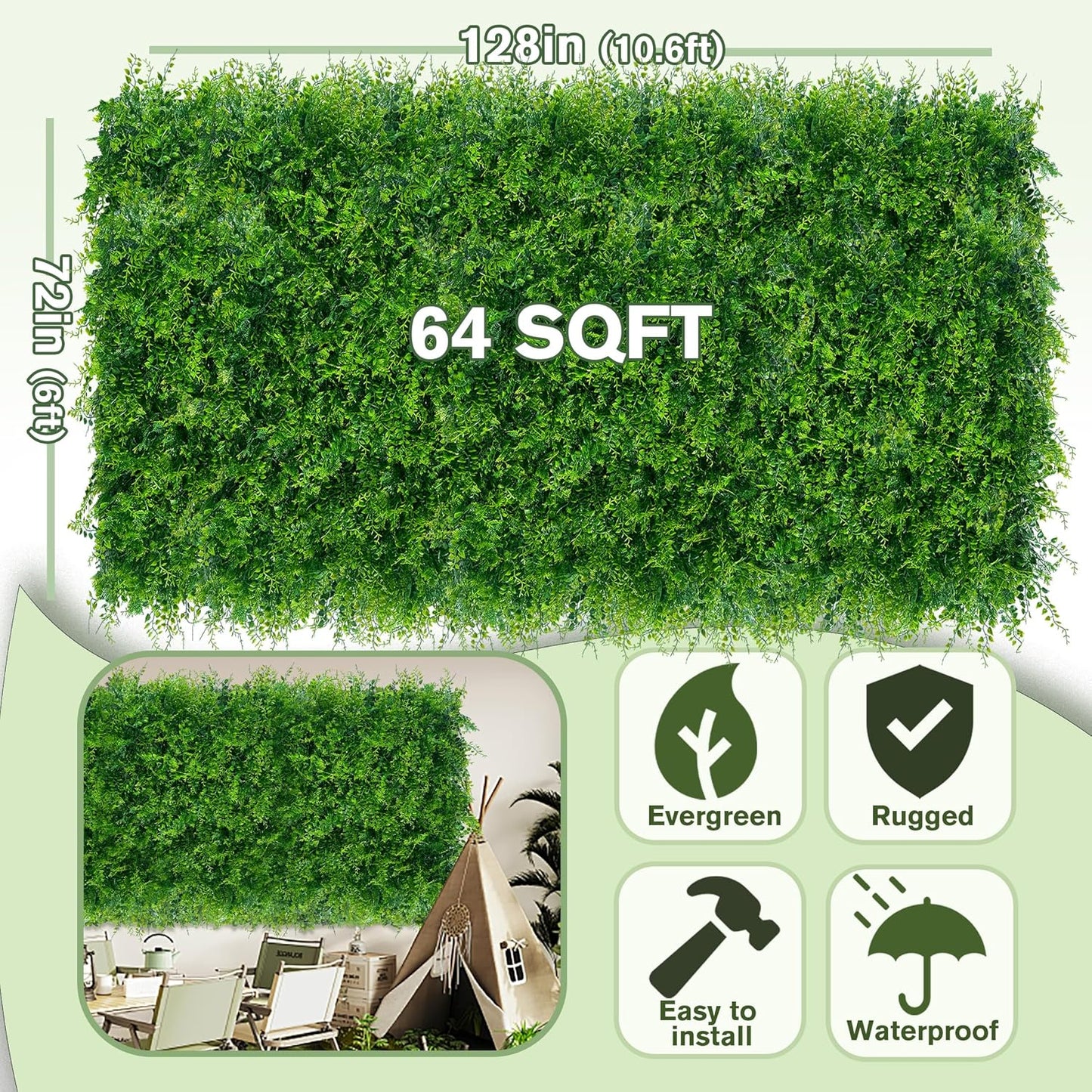 Greenery Faux Grass Wall Backdrop 72"x128" (64 SQFT) UV-Anti Artificial Green Boxwood Panel for Patio Balcony Privacy & Ivy Fence Covering Privacy, Garden, Backyard Wall Backdrop Decor