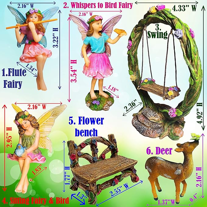 Mood Lab Fairy Garden Kit - Swing Set of 6 pcs Miniature Figurines & Accessories - Hand Painted for Outdoor or House Decor