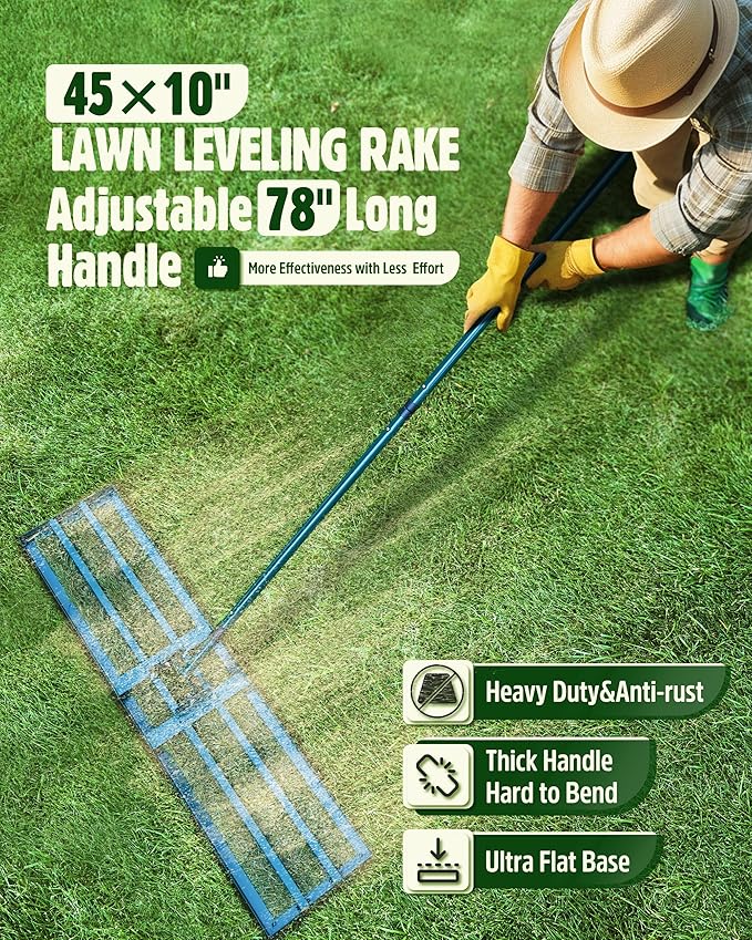 Lawn Leveling Rake,Stainless Steel Lawn Leveler with 45”x10” Ground Plate, 78” Adjustable Long Handle, Heavy Duty Large Level Lawn Tool for Grass, Golf Field, Level Soil or Dirt Ground Surfaces-Green