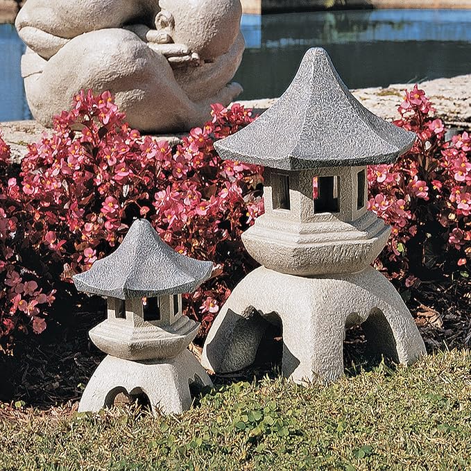 Design Toscano NG999870 Asian Decor Pagoda Lantern Outdoor Statue, Large and Medium, Two-tone stone