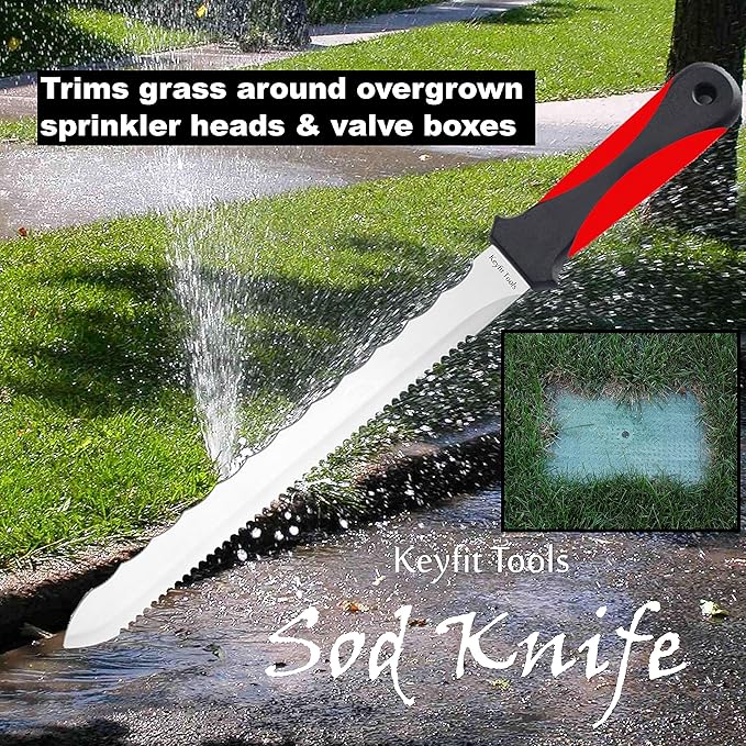 Keyfit Tools SOD Knife Professional Contractor Grade 304 Stainless Steel Blade Sod Cutter Trim New Sod Edging Beds Overgrown Valve Box Sprinkler Heads Like Hunter PGP Raise Repair Remove Sprinklers
