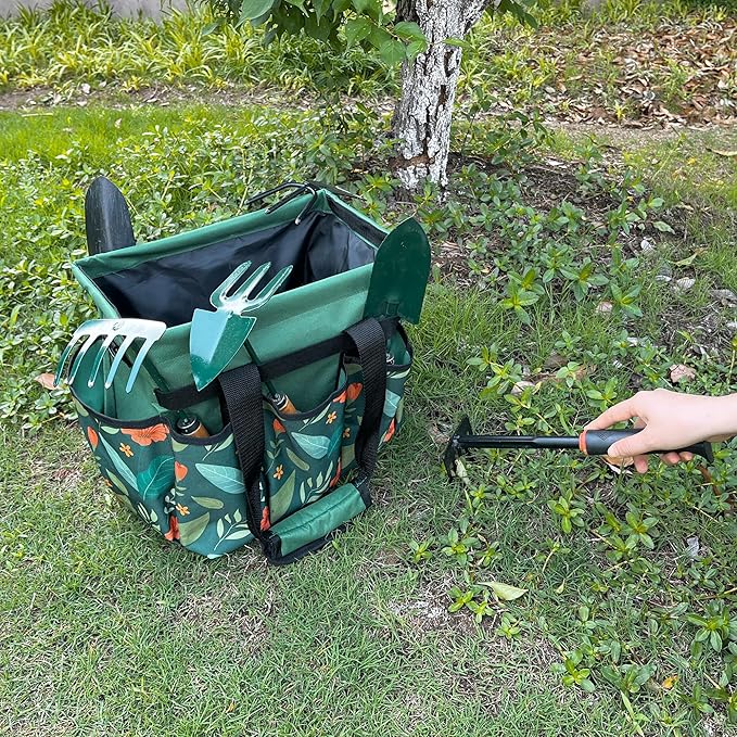 Garden Tote Bag, Oxford Garden Tools Storage Bag with 8 Pockets, Portable Garden Tool Organizer Bag with Adjustable Shoulder Strap, Ideal Gardening Gifts for Gardening Lovers No Tools (Green)