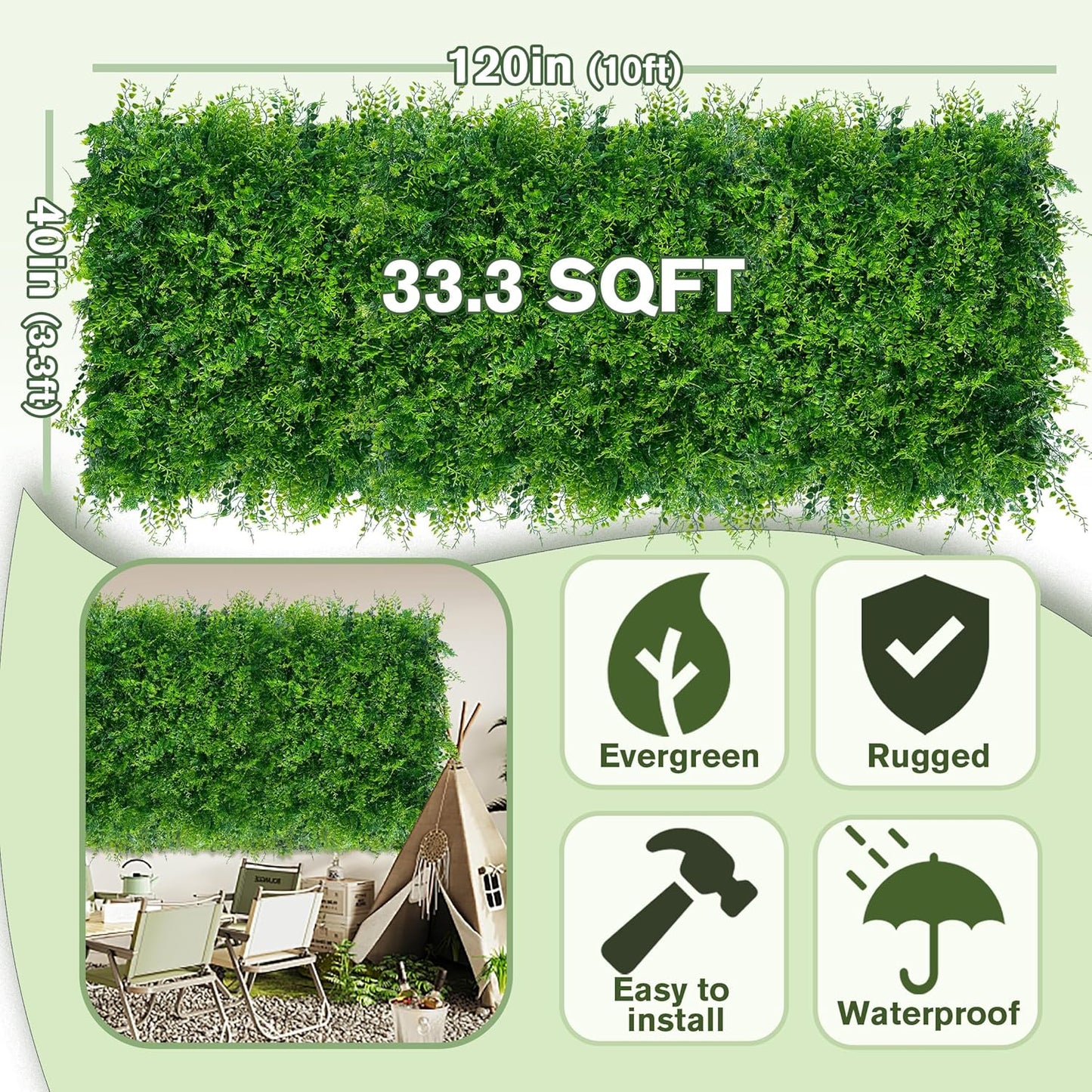 Greenery Faux Grass Wall Backdrop 40"x120"（33.5 SQFT） UV-Anti Artificial Green Boxwood Panel for Patio Balcony Privacy & Ivy Fence Covering Privacy, Garden, Backyard Wall Backdrop Decor