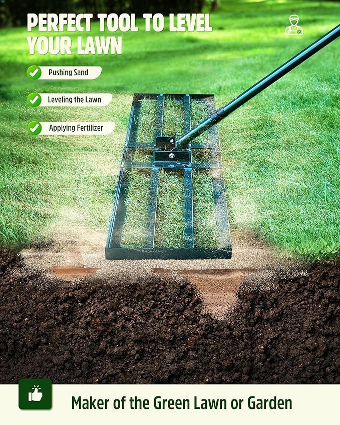 Lawn Leveling Rake,Stainless Steel Lawn Leveler with 45”x10” Ground Plate, 78” Adjustable Long Handle, Heavy Duty Large Level Lawn Tool for Grass, Golf Field, Level Soil or Dirt Ground Surfaces-Green