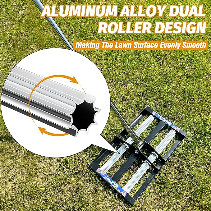 Updated Lawn Leveling Rake with Aluminum Rollers, Stainless Steel 17"x10" Levelawn Tool , Heavy-Duty Lawn Leveler with 70" Extended Handle, Yard Leveling Rake Suit for Garden, Golf Lawn, Farm