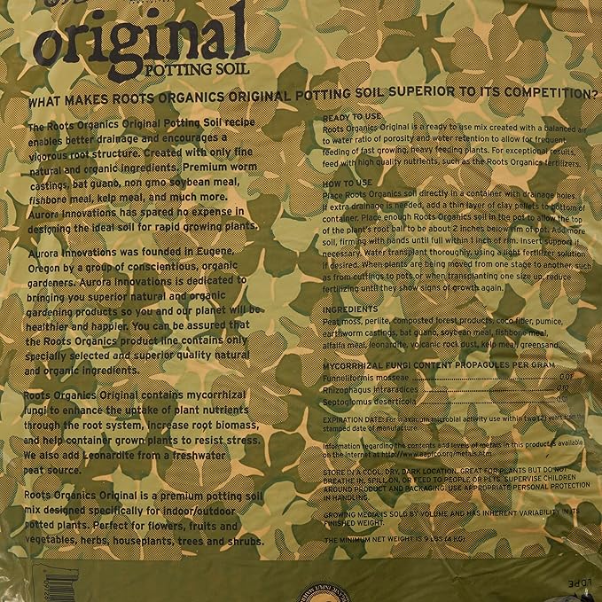 Roots Organics Original Potting Soil, Organic Growing Media with Mycorrhizae.75 Cubic Foot Plant-in-Bag
