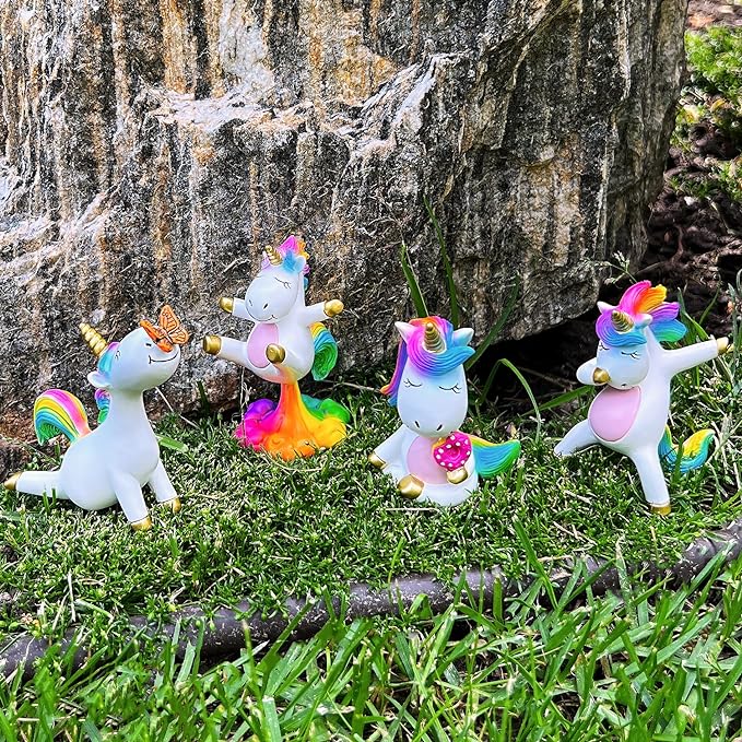 Mood Lab Miniature Unicorn Figurines Set - Funny Mini Statue Kit of 4 pcs - Unicorn Fairy Garden Accessories