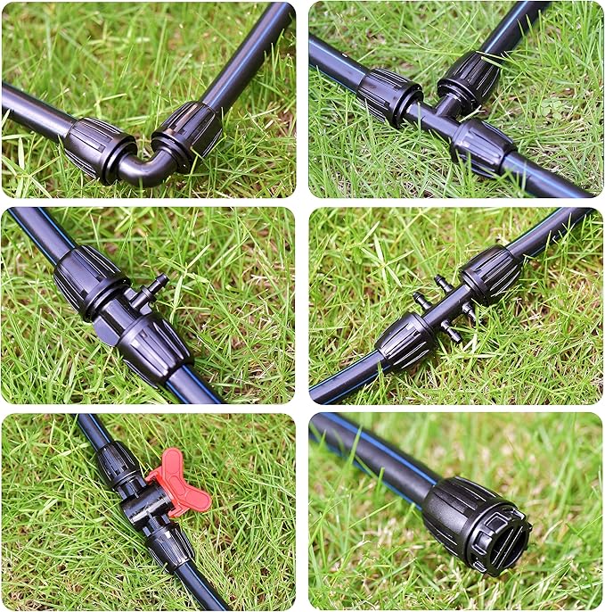 20Pcs Drip Irrigation Fittings Kit Connectors for 1/2 Inch Tubing, PE Tubing Fittings - 2 Switch Valves, 4 Tee, 2 End, 4 1/2" to 1/4" Tee,2 Elbows 2 Thread Adapters,4Pcs 1/2" to 1/4" Six Way