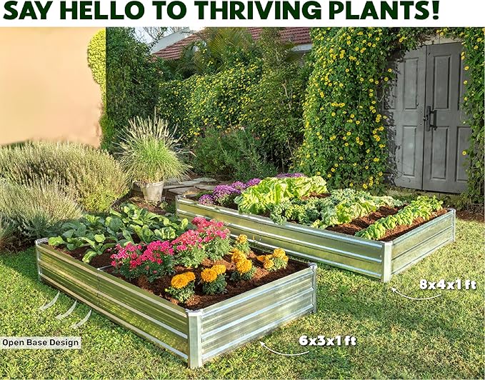 Galvanized Raised Garden Beds Outdoor // 8×4×1 ft Planter Raised Beds for Gardening, Vegetables, Flowers // Large Metal Garden Box (Silver) // Patented Tool-Free Design